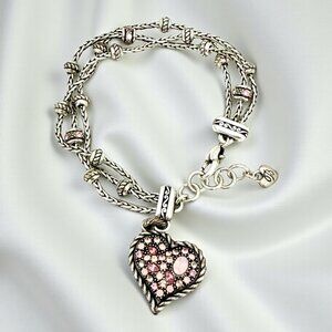 Retired Brighton Power of Pink 3-Strand Heart Bracelet Reversible Heart Charm